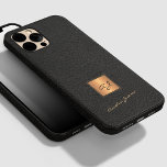 Elegant black leather gold monogrammed script name Case-Mate iPhone 14 pro case<br><div class="desc">Trendy luxury exclusive looking monogrammed iPhone case featuring a faux gold square over a stylish classy black leather looking (PRINTED,  NOT REAL LEATHER TEXTURE) background.             Personalise it with your white script signature name and monogram name initials.</div>