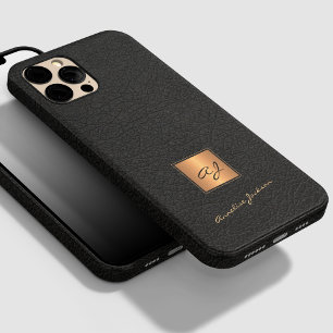 Elegant black leather gold monogrammed script name iPhone 14 pro case
