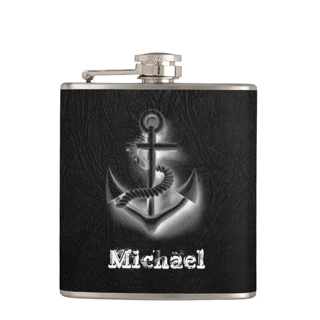 Elegant black leather look classy anchor nautical hip flask (Front)