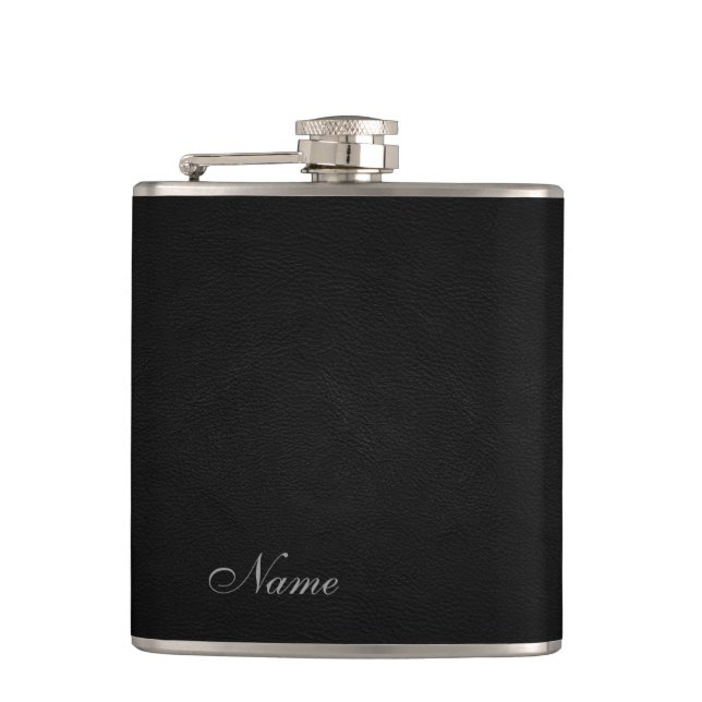 Elegant black leather look  personalised hip flask (Front)