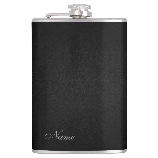 Elegant black leather look  personalised hip flask (Front)