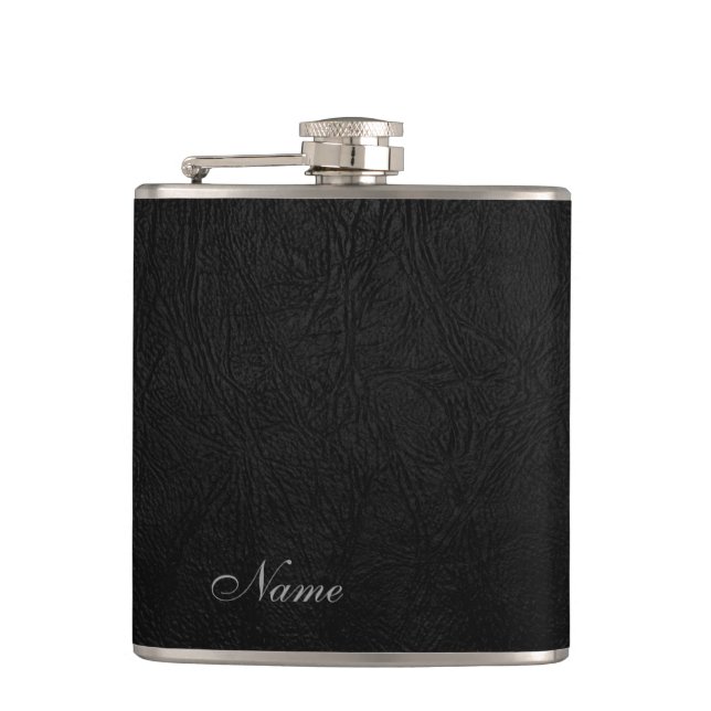 Elegant black leather look  personalised hip flask (Front)