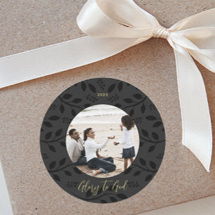 Elegant Black Leaves Glory to God Christmas Photo Classic Round Sticker