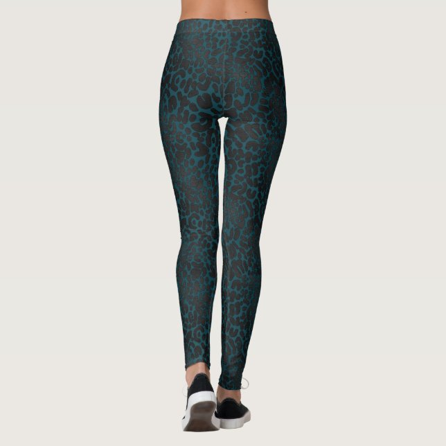 Elegant Black Leopard Animal Print on Teal Leggings (Back)