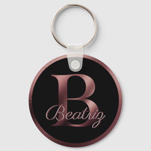 Elegant Black Letter B Rose Gold Metallic Monogram Key Ring (Front)