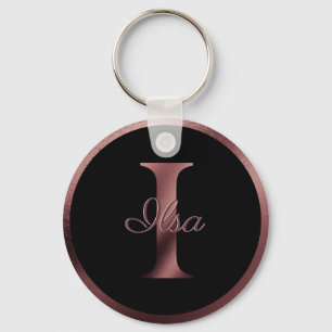 Elegant Black Letter I Rose Gold Metallic Monogram Key Ring