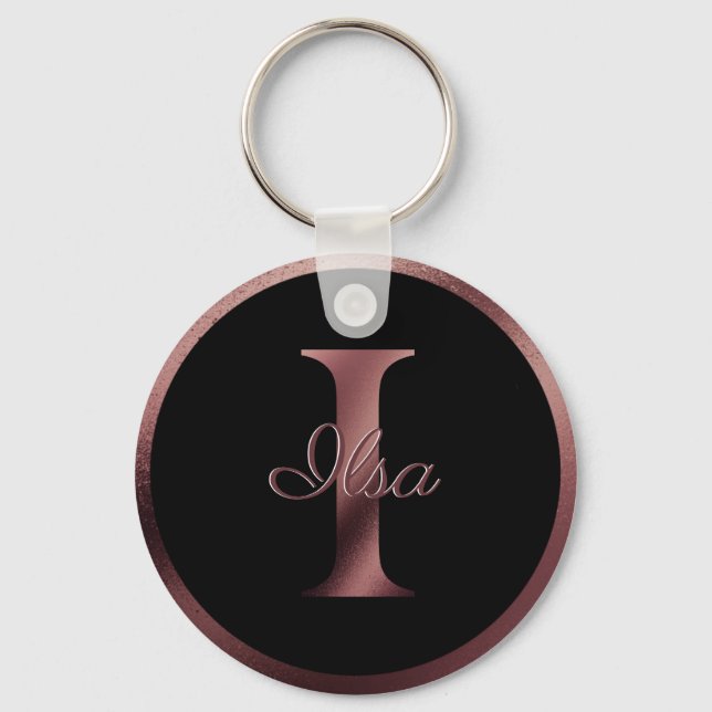 Elegant Black Letter I Rose Gold Metallic Monogram Key Ring (Front)