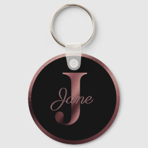Elegant Black Letter J Rose Gold Metallic Monogram Key Ring