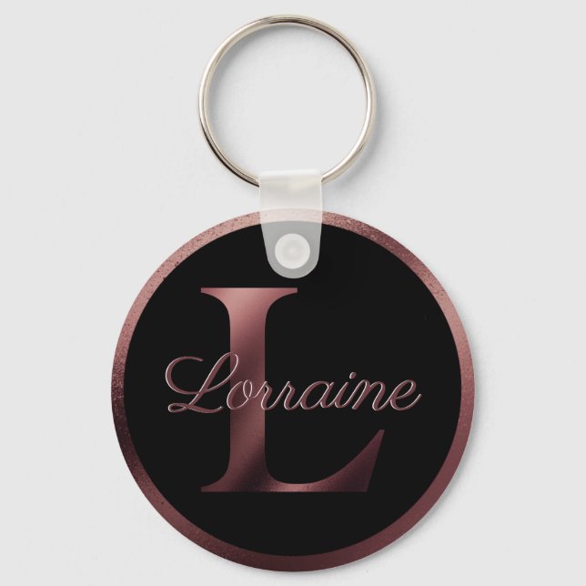 Elegant Black Letter L Rose Gold Metallic Monogram Key Ring (Front)