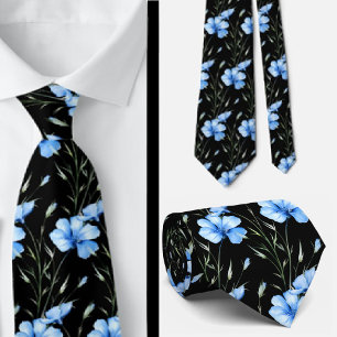 Elegant Black Light Blue Wildflowers Neck Tie