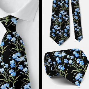 Elegant Black Light Blue Wildflowers Neck Tie