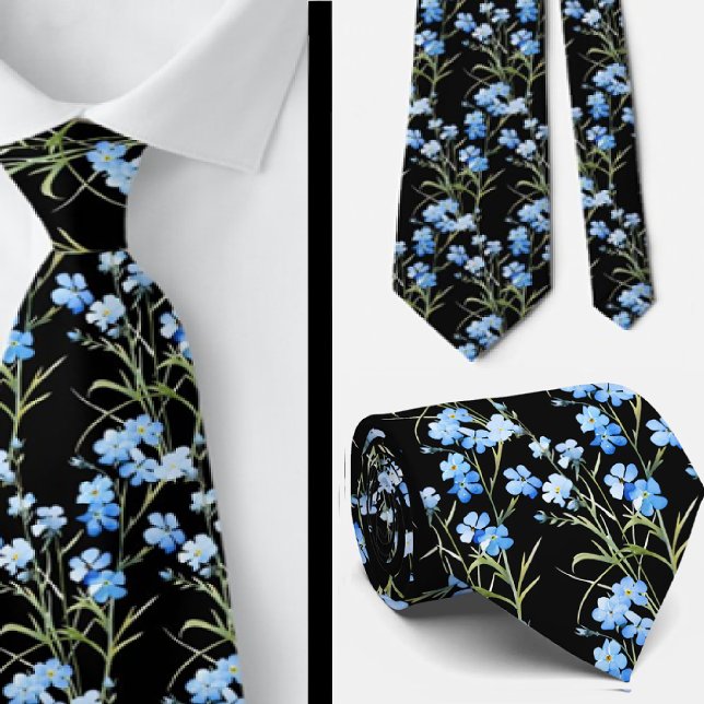 Elegant Black Light Blue Wildflowers Neck Tie (Creator Uploaded)