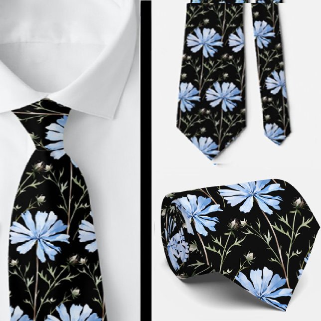 Elegant Black Light Blue Wildflowers Neck Tie (Creator Uploaded)