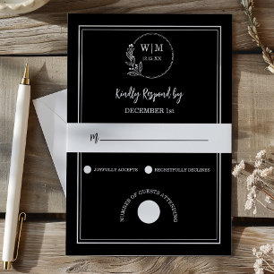 Elegant Black Line Drawing Monogram Wedding RSVP Card