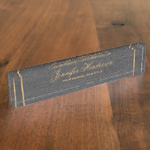 Elegant Black Linen Fabric Gold Frame Professional Nameplate