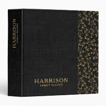 Elegant Black Linen Gold Botanical Family Recipe