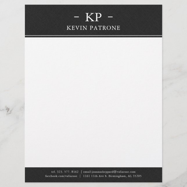 Elegant Black Linen White Minimalistic Text Custom Letterhead (Front)