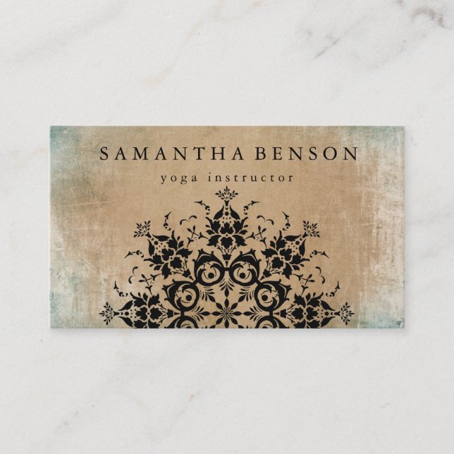 Elegant Black Lotus Mandala Wood Yoga Instructor Business Card (Front)