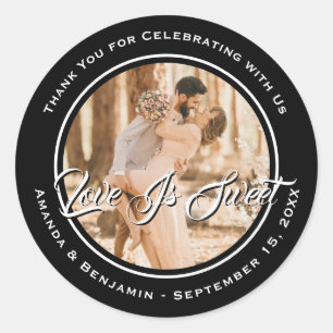 Elegant Black Love Is Sweet Wedding Photo Classic Round Sticker