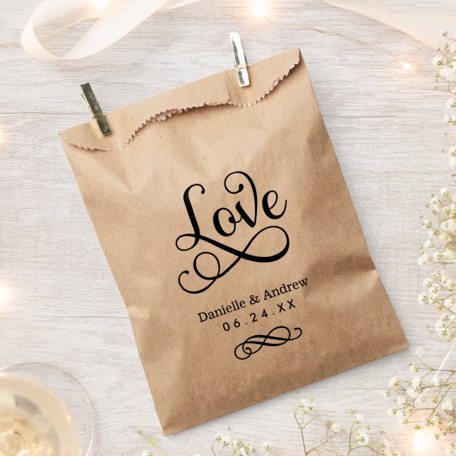 Elegant Black Love Script Monogram Wedding Favour Bag (Clipped)