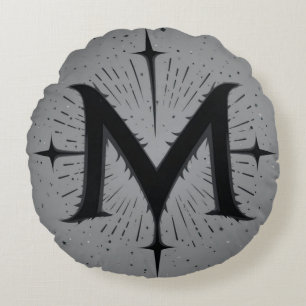Elegant Black 'M' Design with Symmetrical Stars Round Cushion