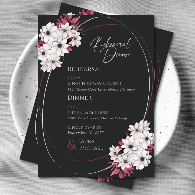 Elegant Black Magenta Floral Rehearsal Dinner Invitation (Creator Uploaded)