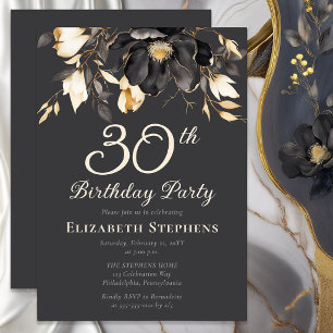 Elegant Black Magnolia Floral 30th Birthday Party  Invitation