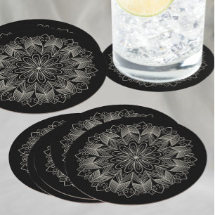 Elegant Black Mandala Boho Chic Indian Wedding Round Paper Coaster