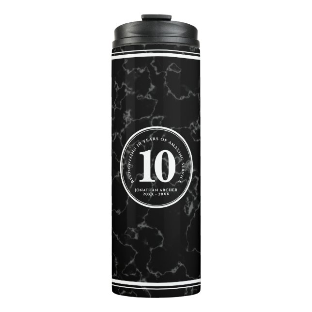 Elegant Black Marble 10 Years Work Anniversary  Thermal Tumbler (Front)