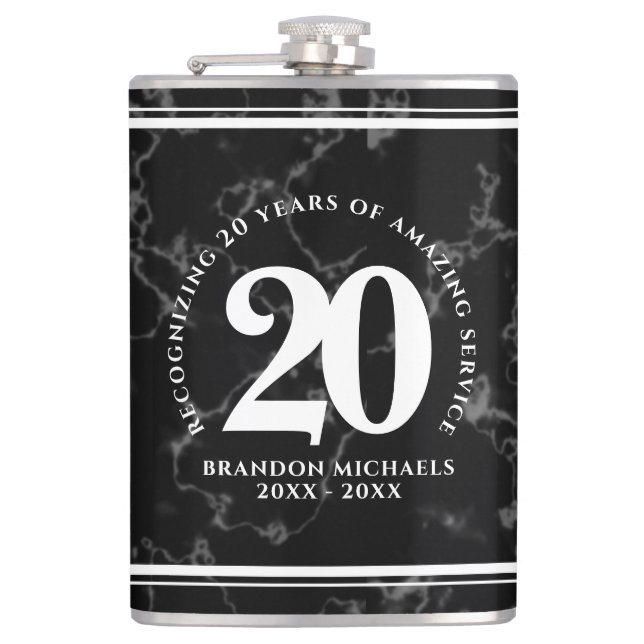 Elegant Black Marble 20 Years Work Anniversary Hip Flask (Front)