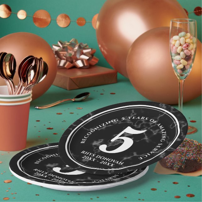 Elegant Black Marble 5 Years Work Anniversary Paper Plate (Multi)