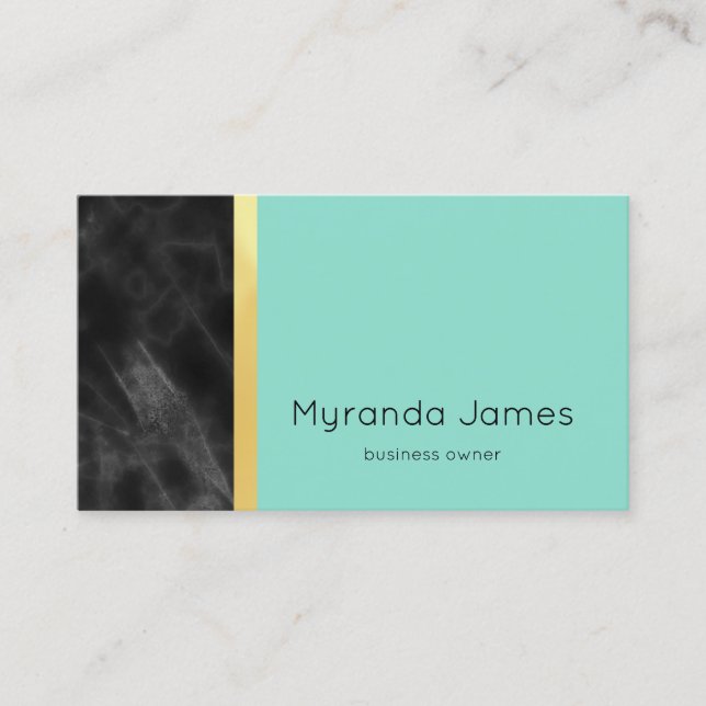 Elegant Black Marble and Gold Simple Mint Green Business Card (Front)