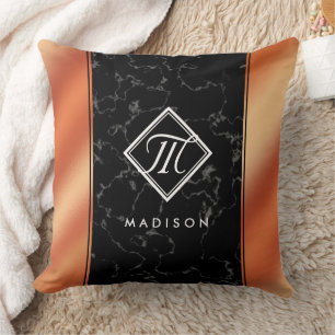 Elegant Black Marble & Bronze Foil Monogram Cushion