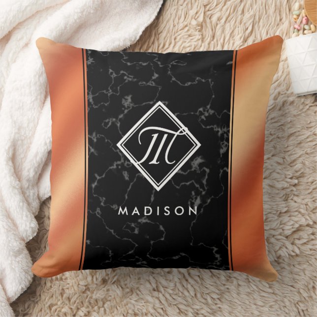 Elegant Black Marble & Bronze Foil Monogram Cushion (Blanket)