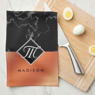 Elegant Black Marble & Bronze Foil Monogram Tea Towel