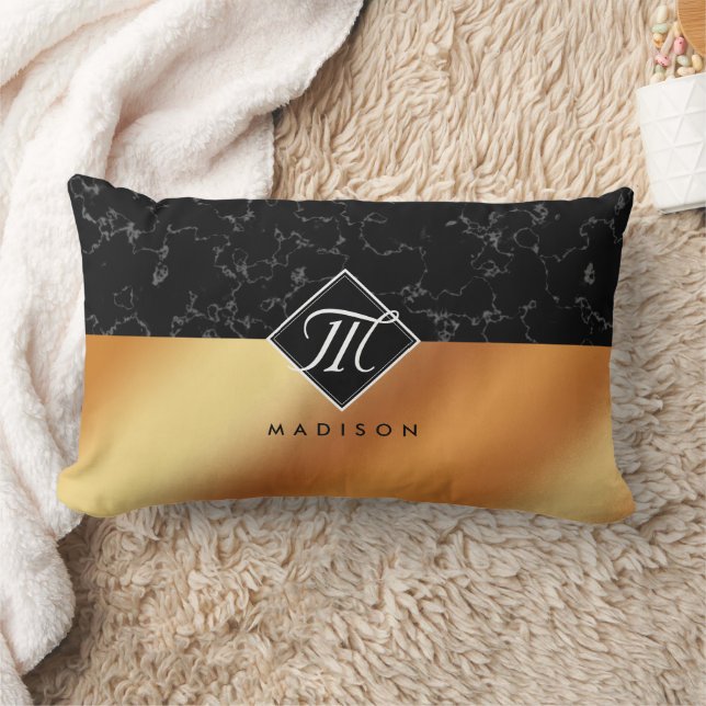 Elegant Black Marble & Copper Foil Monogram Lumbar Cushion (Blanket)