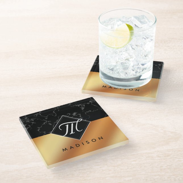 Elegant Black Marble & Copper Foil Script Monogram Glass Coaster (Angled)
