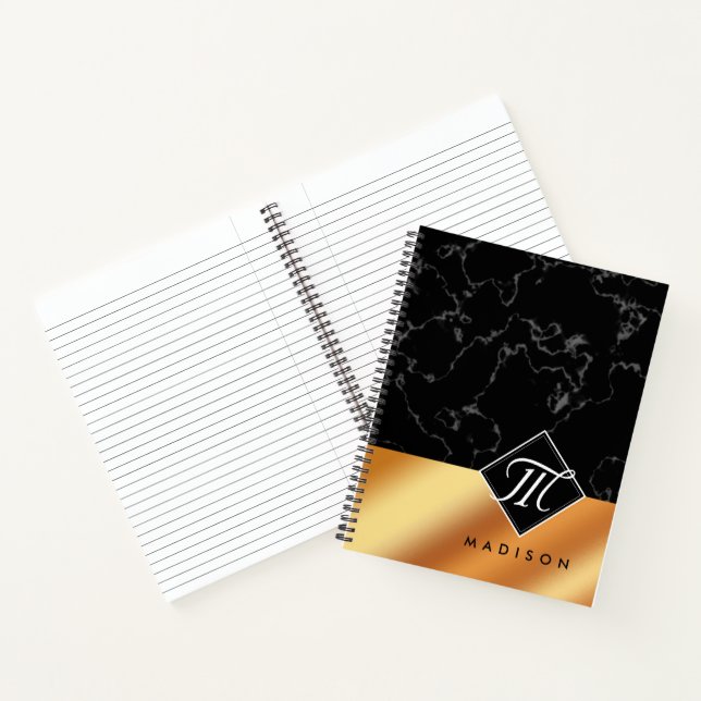 Elegant Black Marble & Copper Foil Script Monogram Notebook (Inside)