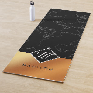 Elegant Black Marble & Copper Foil Script Monogram Yoga Mat