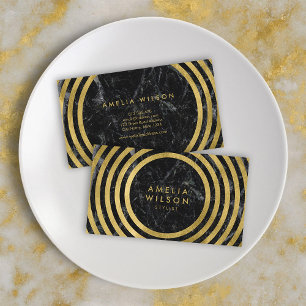 Elegant Black Marble Faux Gold Round Lines Business Card