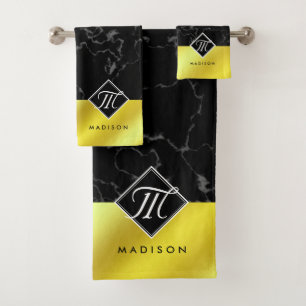 Elegant Black Marble & Gold / Brass Foil Monogram Bath Towel Set
