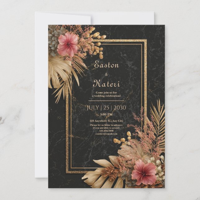 Elegant Black Marble & Gold Floral VIP Wedding Invitation (Front)
