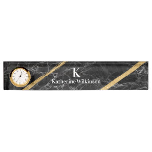 Elegant Black Marble Gold Monogram Nameplate