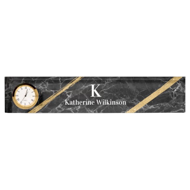 Elegant Black Marble Gold Monogram  Nameplate (Front)