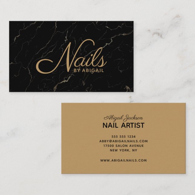 Elegant Black Marble Gold Nails By "Name" Business Card (Front/Back)