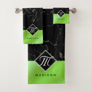 Elegant Black Marble & Lime Green Foil Monogram Bath Towel Set