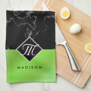 Elegant Black Marble & Lime Green Foil Monogram Tea Towel