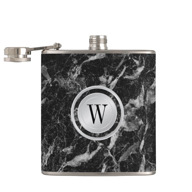 Elegant Black Marble Pattern with Custom Monogram Hip Flask (Opened)