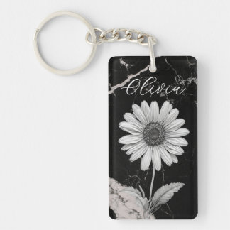 Elegant Black Marble Personalised Daisy Key Ring