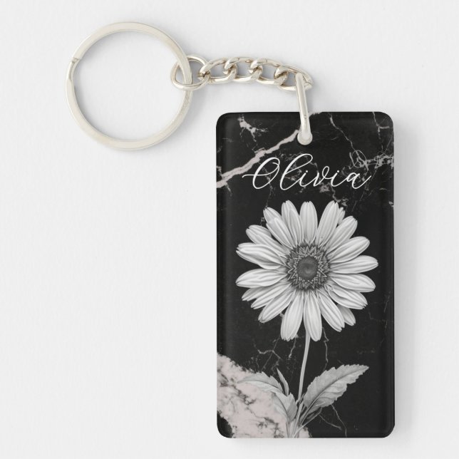 Elegant Black Marble Personalised Daisy Key Ring (Front)
